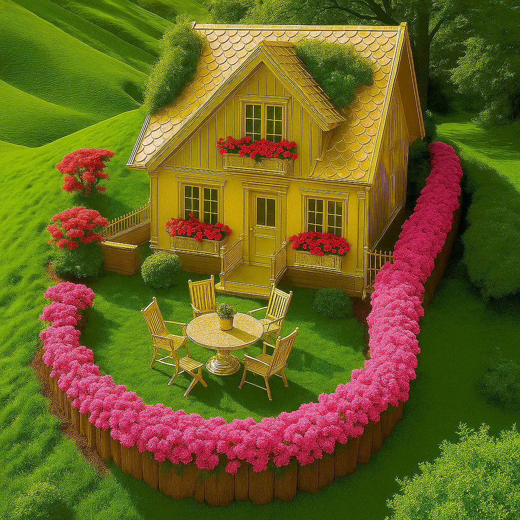 Golden Cottage in a Pink Garden