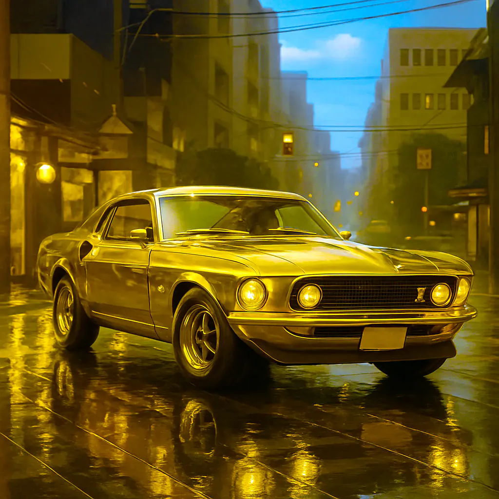 Golden Mustang in Rainy Tokyo Night