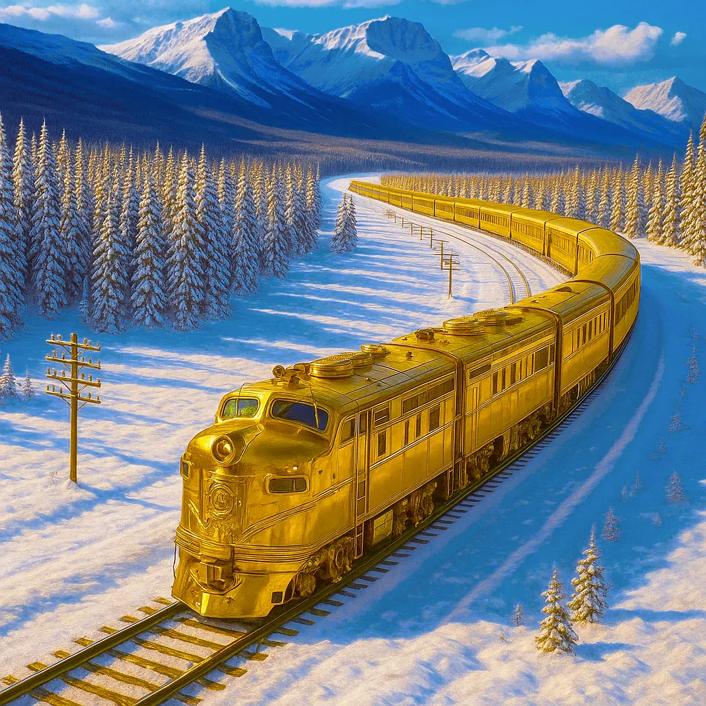 Golden Train Through Winter Mountains