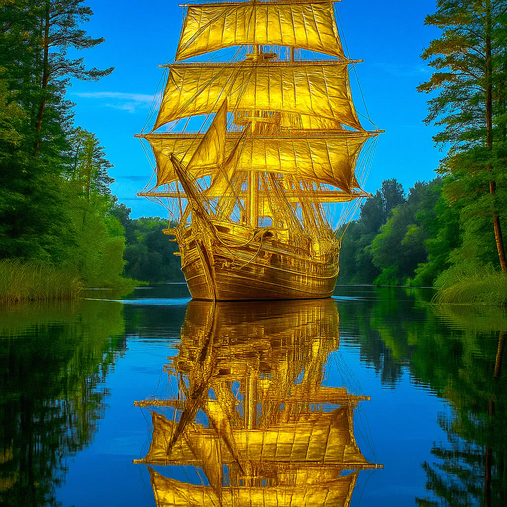 Golden Sailboat in the Mystic River
