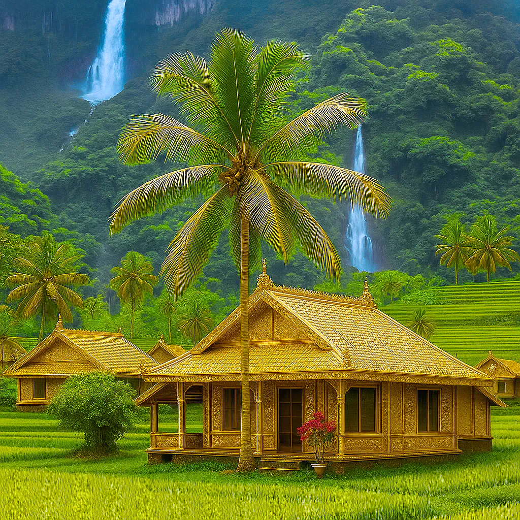 Golden House by the Waterfall