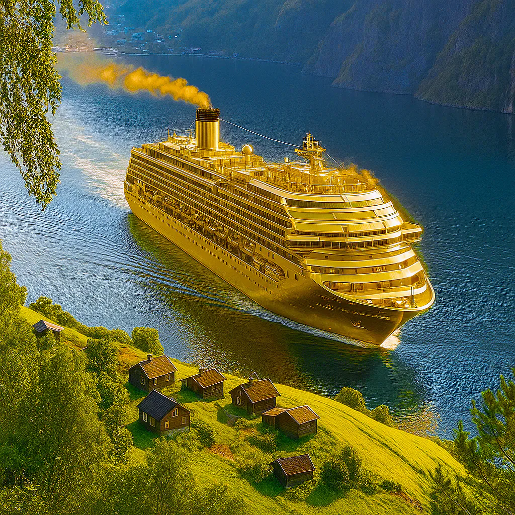 Golden Cruise Ship in Fantasy Landscape