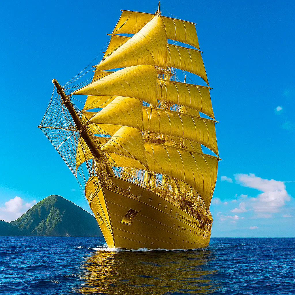 Golden Sail on Green Mountain Sea