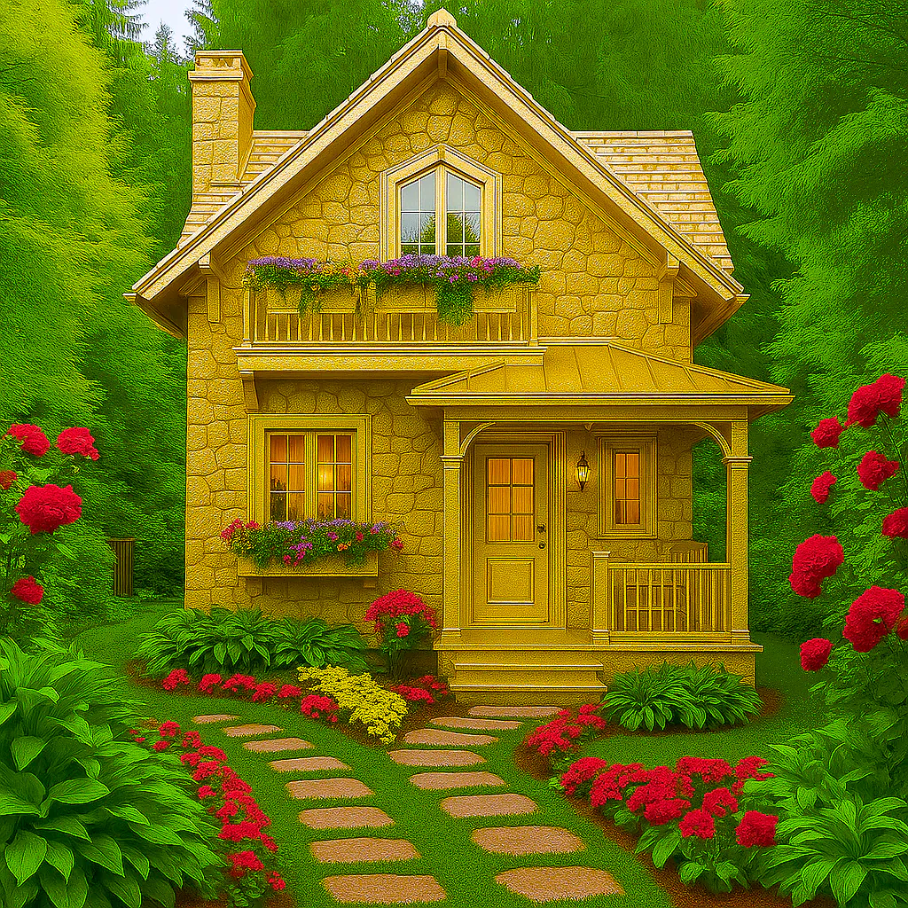 Golden Cottage in a Flower Garden