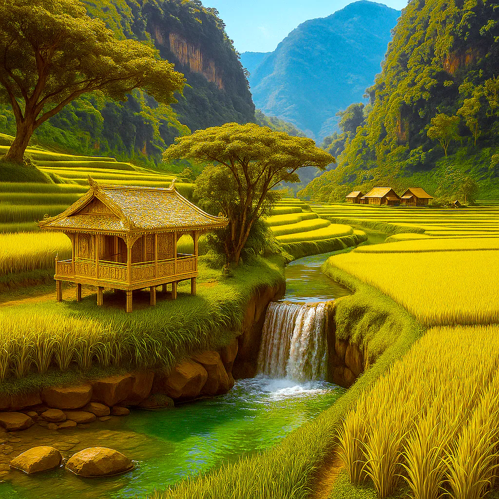 Golden Bamboo Pavilion by Rice Terraces
