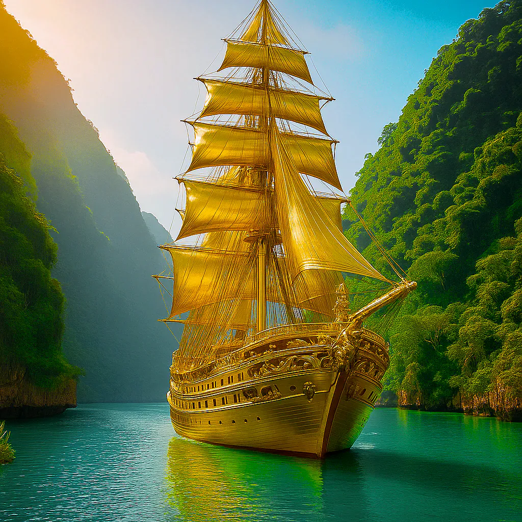 Golden Galleon in Emerald Waters